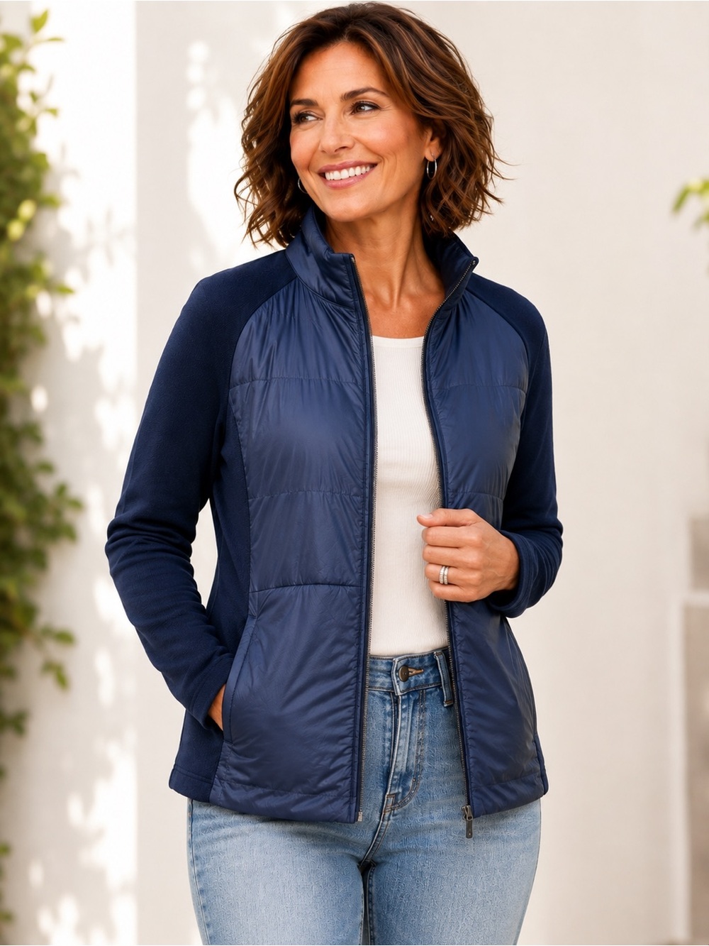Chico’s Mixed Media Quilted Jacket Navy Stretch Knit Zip Travel Size 2 Large